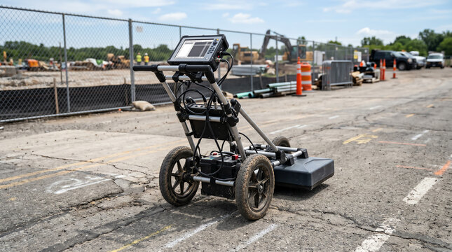Ground-penetrating radar push cart being walked across a paved surface during a subsurface utility locating survey on a construction site at midday during a site-investigation phase