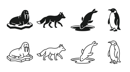 Set of arctic animals icons, walrus, fox, seal and penguin, vector illustration © Hikari Vector Studio