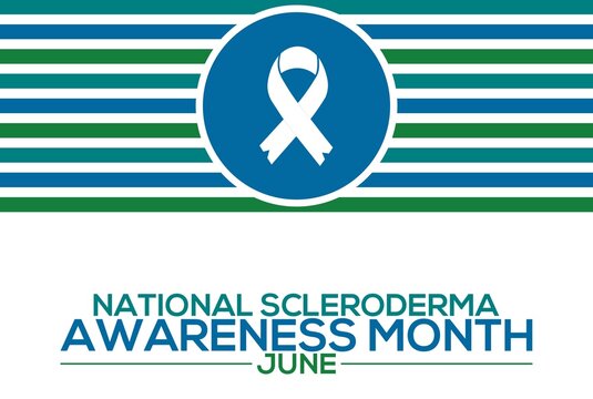 National Scleroderma Awareness Month June banner illustration with blue green striped and ribbon symbol design.