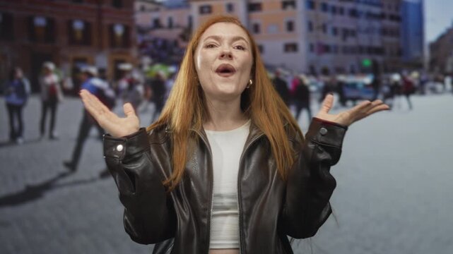 Redhead woman with hands on cheeks, mouth open in surprise, wearing a leather jacket on a street; spontaneous surprise.