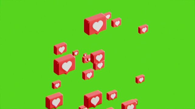 social media love heart like icons floating upwards, on green screen background