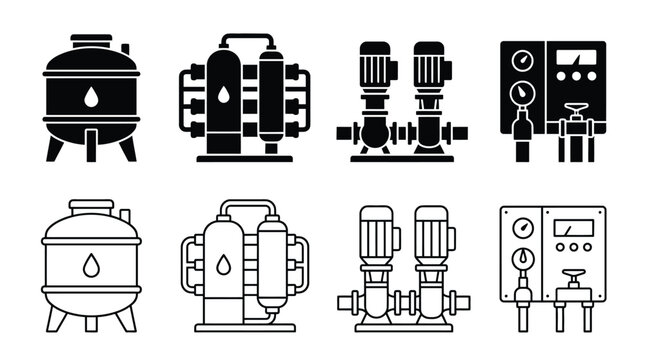 Set of water treatment equipment icons industrial water filtration system, pump station, pressure tank, and control panel vector illustrations