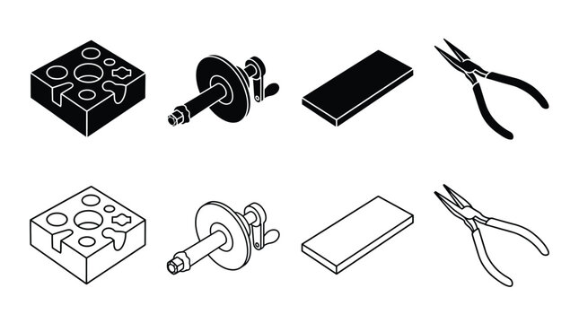 Jewelry making tools icons set, isometric style collection of equipment for goldsmithing, including dapping block, rolling mill, metal plate, and pliers vector illustration