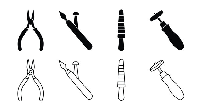 Set of jewelry making tools icons, including pliers, graver, ring mandrel and rolling mill, flat vector illustration