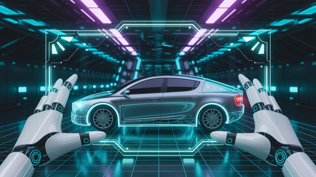 Robotic arms holding a futuristic electric car in a neon-lit assembly line
