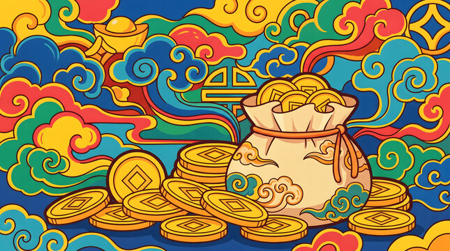 Chinese traditional style illustration of golden coins and ingots with wealth bag