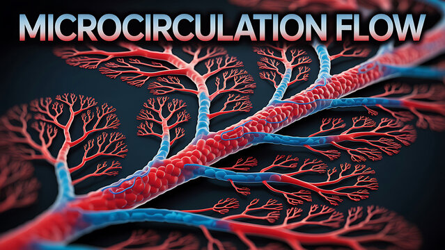 Microcirculation flow of blood through vessels and capillaries in the human body
