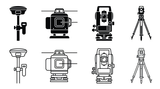 Set of surveying equipment icons, including gps receiver, laser level, and total station