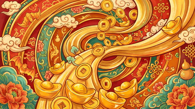 Chinese style illustration with gold ingots coins and auspicious clouds for wealth background