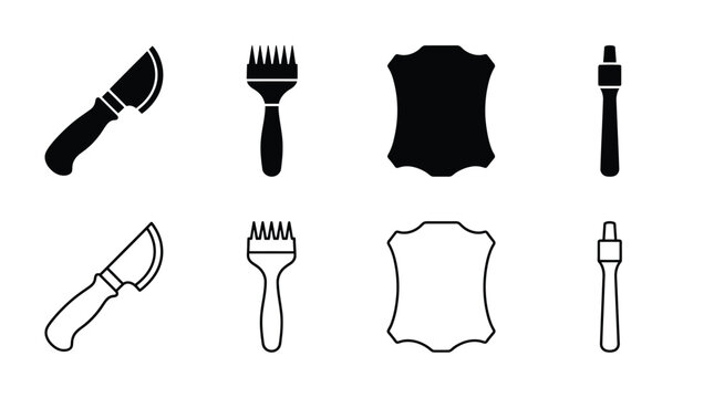 Leather craft tools icons set, including skiving knife, stitching chisel, leather hide, and burnisher, vector illustration