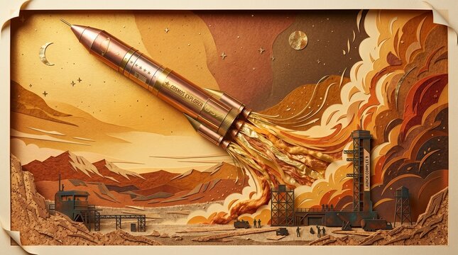 Rocket ship launches from a desert launchpad in this detailed paper-cut style illustration.
