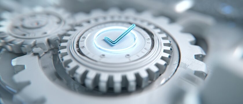 Gear mechanisms with a blue check mark illustration representing technology and success