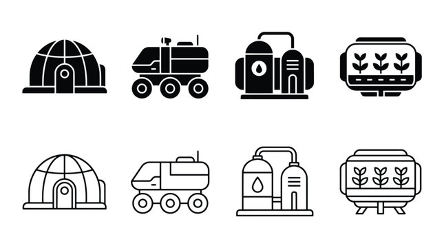 Set of space exploration and colonization icons, including lunar habitat, rover, oxygen generator, and hydroponic farm, vector illustration
