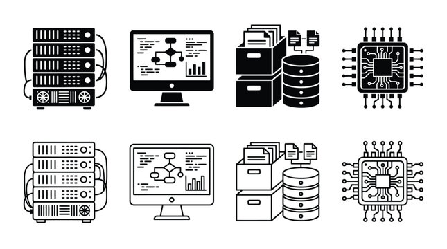 Set of server, computer, database and microchip icons, black and white vector illustration