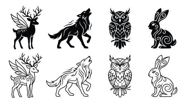 Set of stylized forest animals, deer with wings, howling wolf, owl and rabbit, black and white vector illustrations