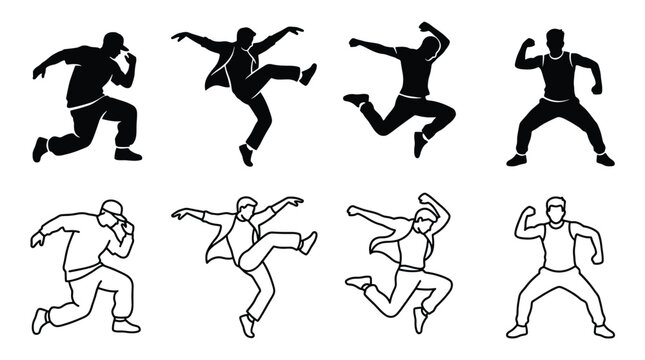 Set of hip hop dancers silhouettes and line art icons, breakdance performers in various poses