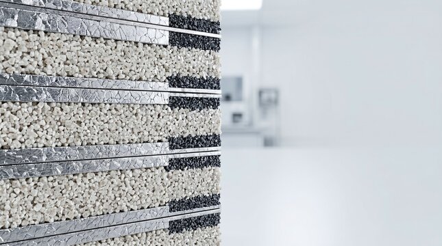Close up of next generation solid state battery cell layers with copy space