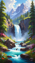 Fototapeta premium Powerful waterfall between cliffs in vibrant mountain valley.