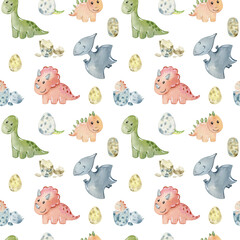 Watercolor seamless pattern with cute baby dinosaurs. Hand drawn illustration © Tapilipa