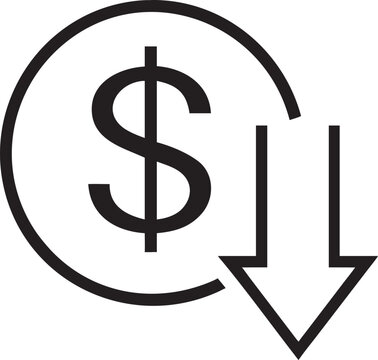 Dollar currency coin with down arrow representing price drop or cost decrease icon