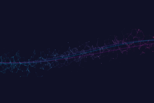 Abstract network of glowing blue and pink particles on dark blue background
