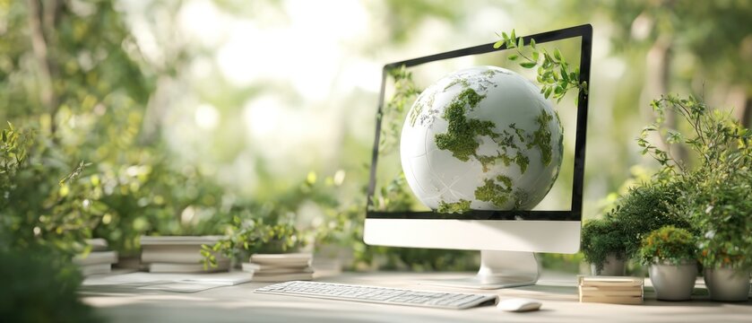 Computer screen displaying world globe surrounded by lush green plants concept