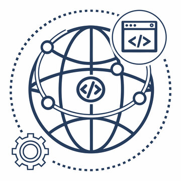 Blue coding globe icon with gear and web browser