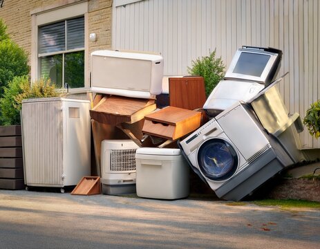 a pile of bulk trash items like furniture and old appliances on a curbside