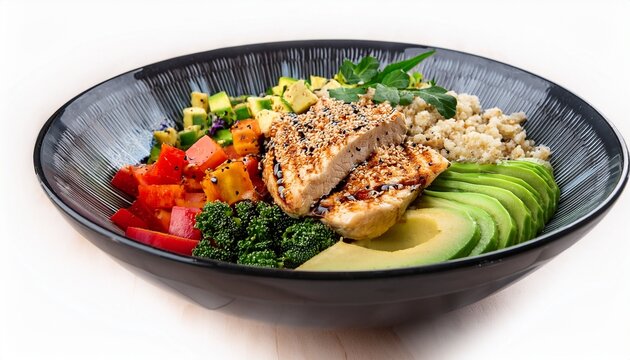 a vibrant salad bowl with a protein option grilled chicken breast quinoa chopped vegetables avocado slices crumbled feta cheese and a light dressing
