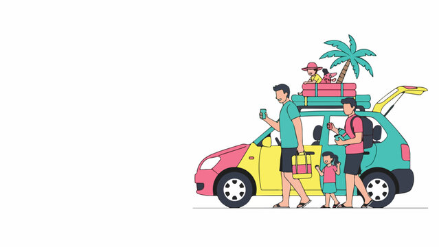 Family on road trip with car loaded with luggage and suitcases