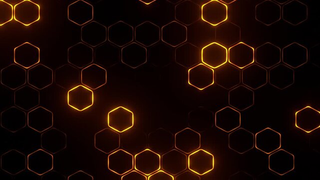 Abstract technological background with glowing golden neon hexagon grid pattern on dark
