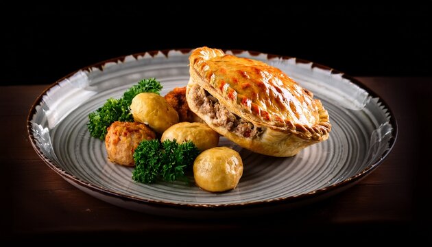 delicious meat pies including chicken and pork with vegetables and potatoes offer a gourmet meal