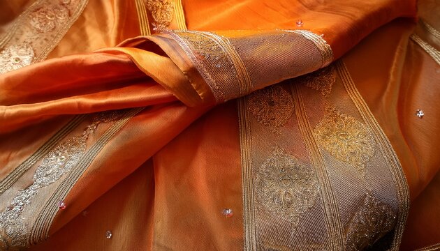 elegant orange silk saree draped beautifully showcasing intricate pleats and golden border