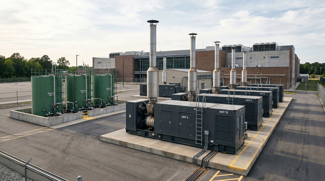 Exterior standby-generator yard with diesel generator enclosures and bulk fuel tanks ready to back up a data center through a prolonged grid outage