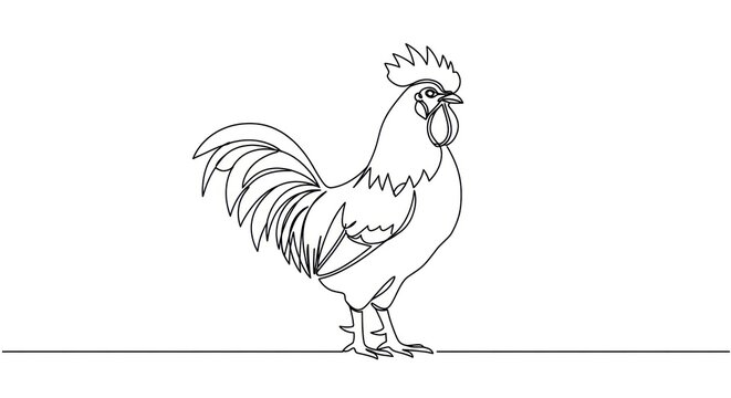 A rooster stands proudly on a line with feathers fluffed.