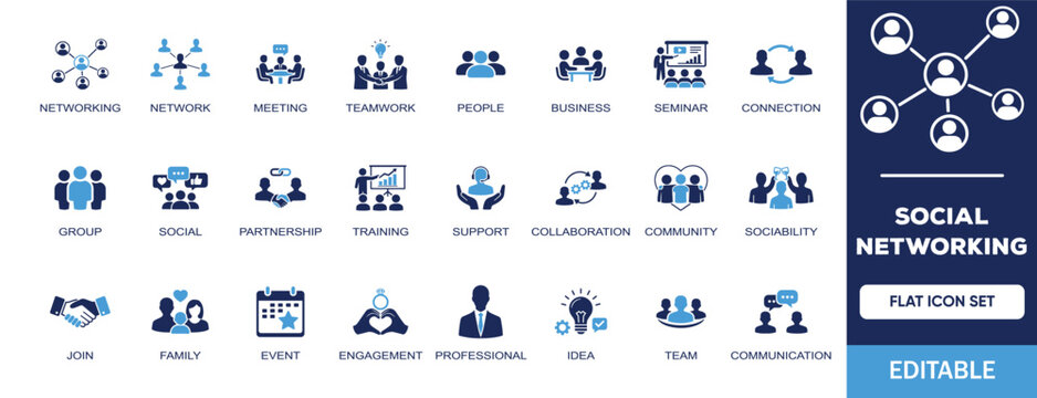 Social Networking editable solid icon set. Containing meeting, teamwork, people, connection, group, business, network, community, team, collaboration and more illustration vector icons collection.