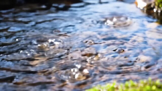 Ultra-macro high-angle video of raindrops falling on tranquil water, mesmerizing ripples, splashes, golden glints over mossy stones. Profoundly calm nature concept.