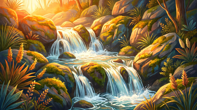 Illustration of a rocky waterfall and plants under golden sunset light