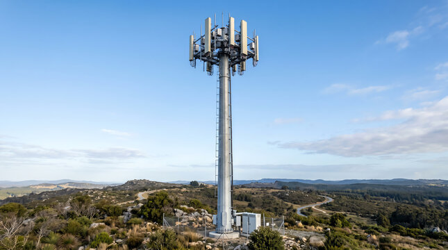 Tall steel monopole cell tower crowned with sector antennas and remote radio units rising against a clear blue sky at a rural wireless coverage site