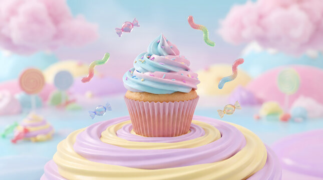 Pink cupcake with colorful frosting on a dreamy candy cloud background