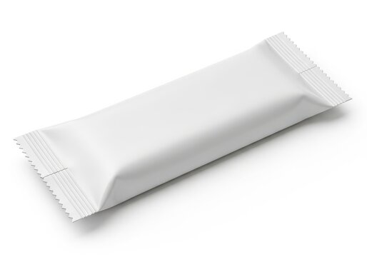 Plain white single-serving snack wrapper on light background isolated on white background