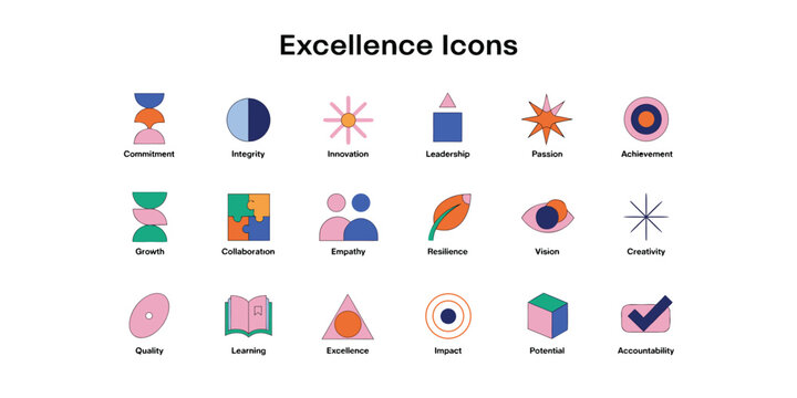 Set of abstract corporate excellence icons representing core business values and professional growth