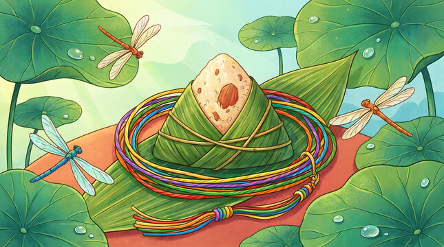Dragon Boat Festival zongzi rice dumpling with colorful rope lotus leaf and dragonfly illustration