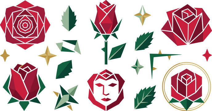 Geometric Rose Flower Collection with Polygonal Floral Elements, Abstract Botanical Shapes, and Modern Low Poly Vector Illustration Design Set