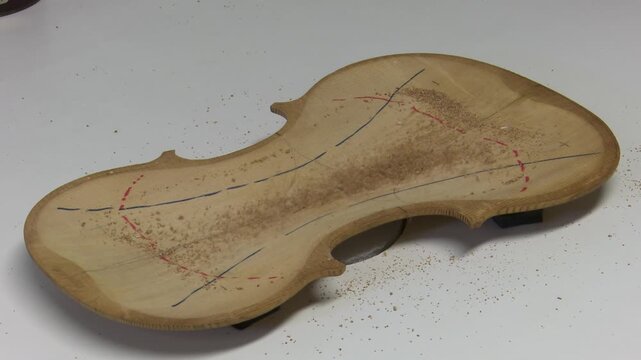 Bilbao, spain; may 21 2022: unfinished violin back plate vibrating on a workbench