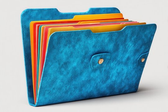 Blue folder with colorful paper inserts on white background