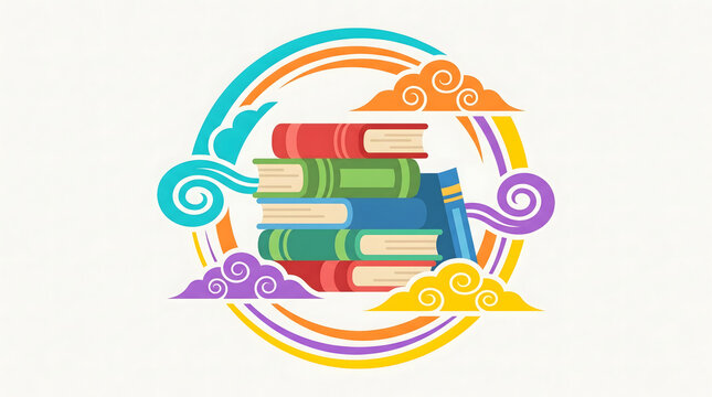 Colorful stack of books surrounded by auspicious clouds in a circular illustration design