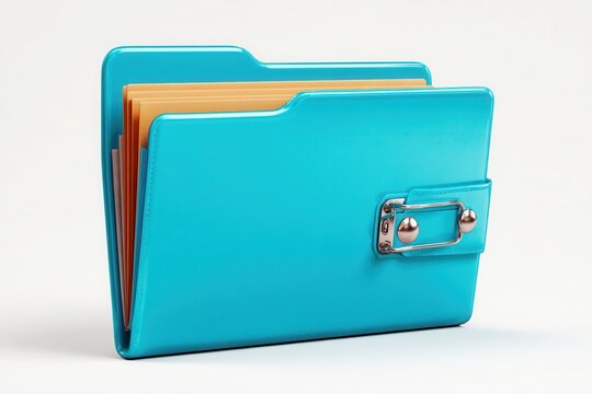 Blue folder with documents on white background studio lighting