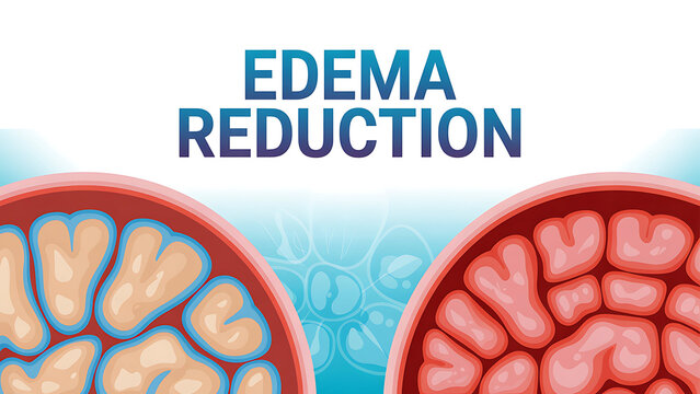 Edema reduction medical concept  illustration of two crosssections of tissue showing reduction of fluid buildup  edema before and after  medical education