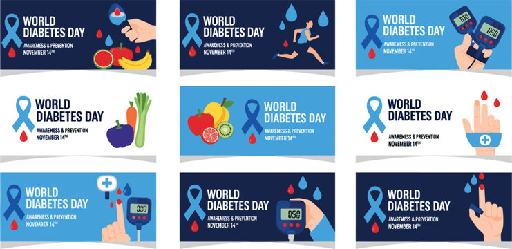 World Diabetes Day vector social media post templates set with blue awareness ribbons blood glucose meters glucometers healthy diet and finger prick test.